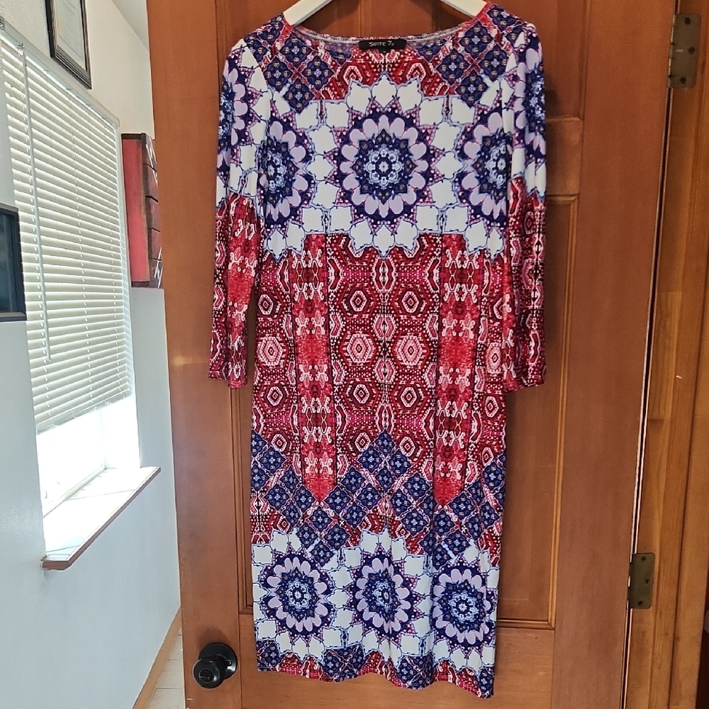 Red and Blue Geometric Stretchy Floral Dress